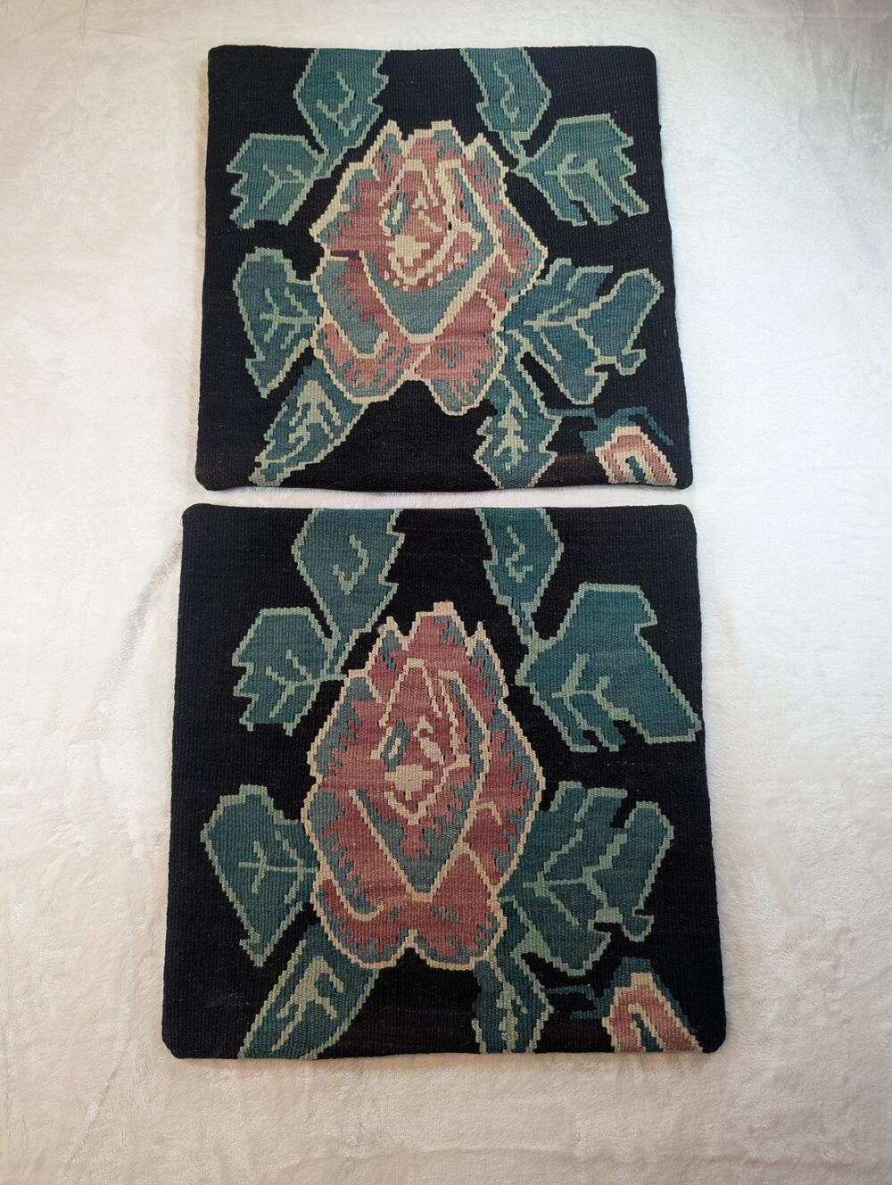 Vintage Karabagh Style Needlepoint Pillow Covers Pair Black Floral Rose Tapestry